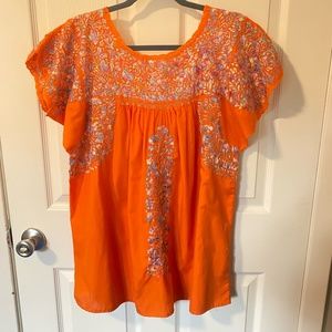Orange Mexican Top with Light Blue/Light Pink Embroidered Detail